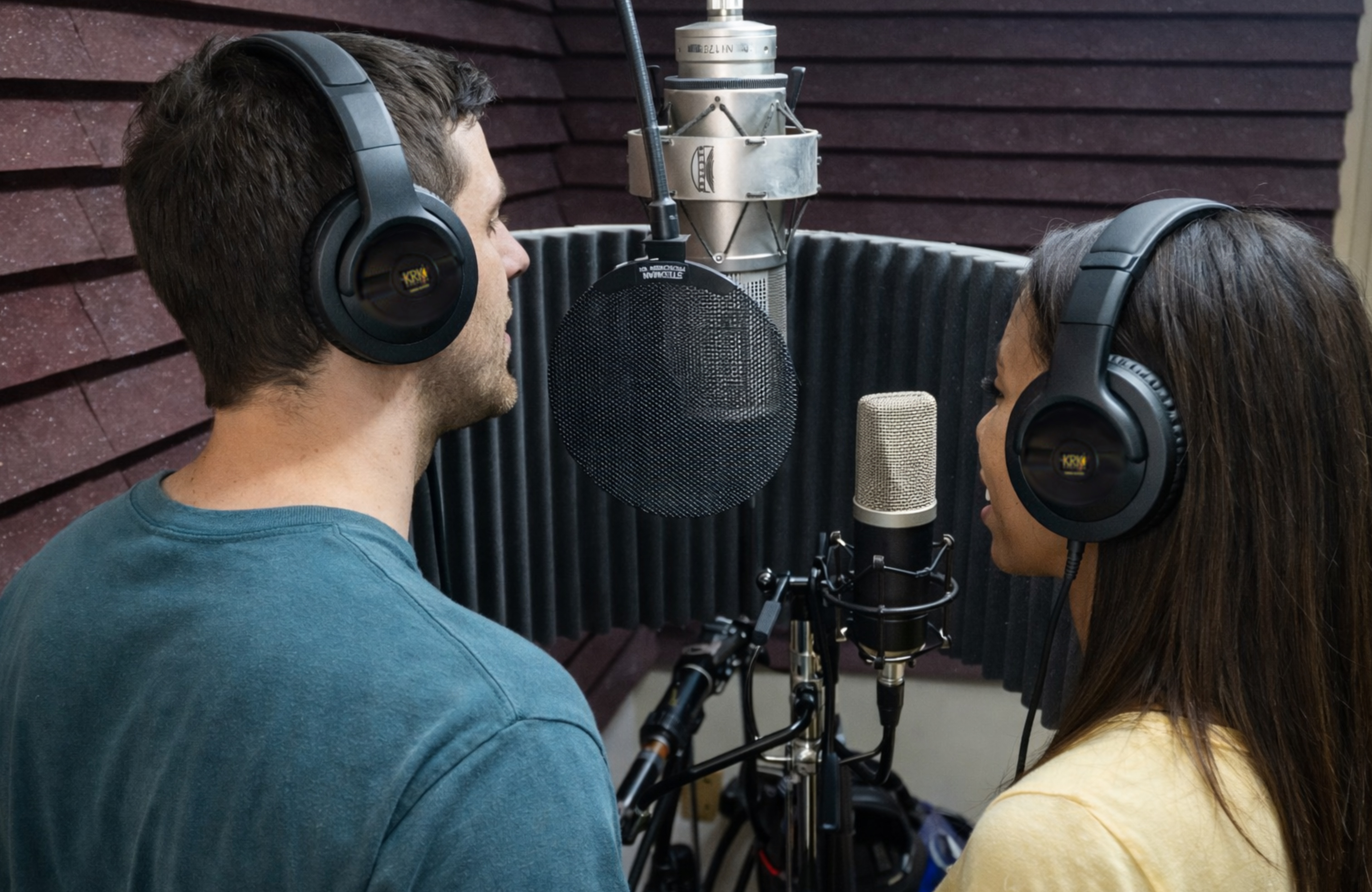 Sam and Ash recording in the studio